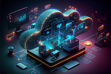 Cloud technology, computing. Devices connected to digital storage in the data center via the Internet, IOT, Smart Home Communication laptop, tablet, phone home devices with an online. Generative AI - obrazy, fototapety, plakaty