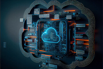 Cloud technology. Cloud computing. Devices connected to digital storage in a data center over the Internet. IOT. Smart Home. Communication laptop, tablet, phone and home devices. Generative AI - obrazy, fototapety, plakaty