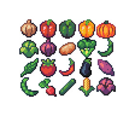 Pixel Art Vegetables created in 16x16 resolution including carrot, tomato, hot pepper, eggplant, potato, cabbage, bell pepper, pumpkin and more
