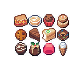 Pixel Art Cakes and Sweets Icons created in 16x16 resolution also containing cookie, gelatine, jelly, ice cream, donut, cupcake and more