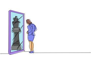 Single one line drawing pretty businesswoman standing in front of mirror, reflecting chess king. Metaphor of confidence. Success, opportunities concept. Continuous line draw design vector illustration