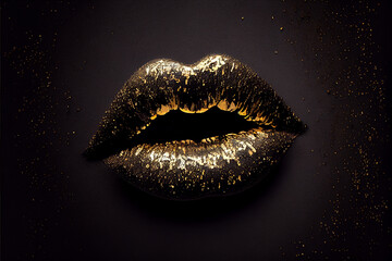Gold lips metallic gloss on a black background, fashion lip makeup close-up.  Generative AI - obrazy, fototapety, plakaty