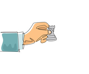 Fototapeta premium Single continuous line drawing business concept illustration of businessman hand holding chess rook piece, strategy, strategic move concept. Dynamic one line draw graphic design vector illustration