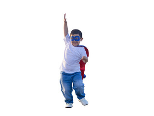 Portrait of adorable kid boy having fun outdoor. Little child play superhero