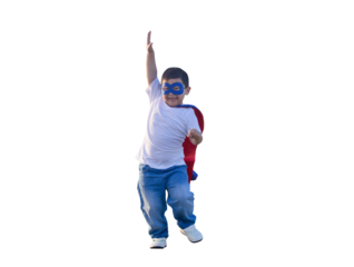 Portrait of adorable kid boy having fun outdoor. Little child play superhero