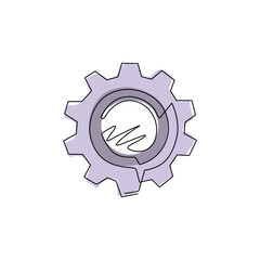 Continuous one line drawing metal gears and cogs. Gear icon flat design banner poster emblem. Mechanism wheels logo. Cogwheel concept template. Single line draw design vector graphic illustration
