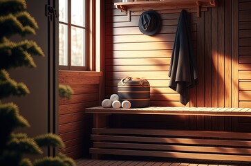 sauna with wooden benches, highlighting the theme of  recovery made with generative ai