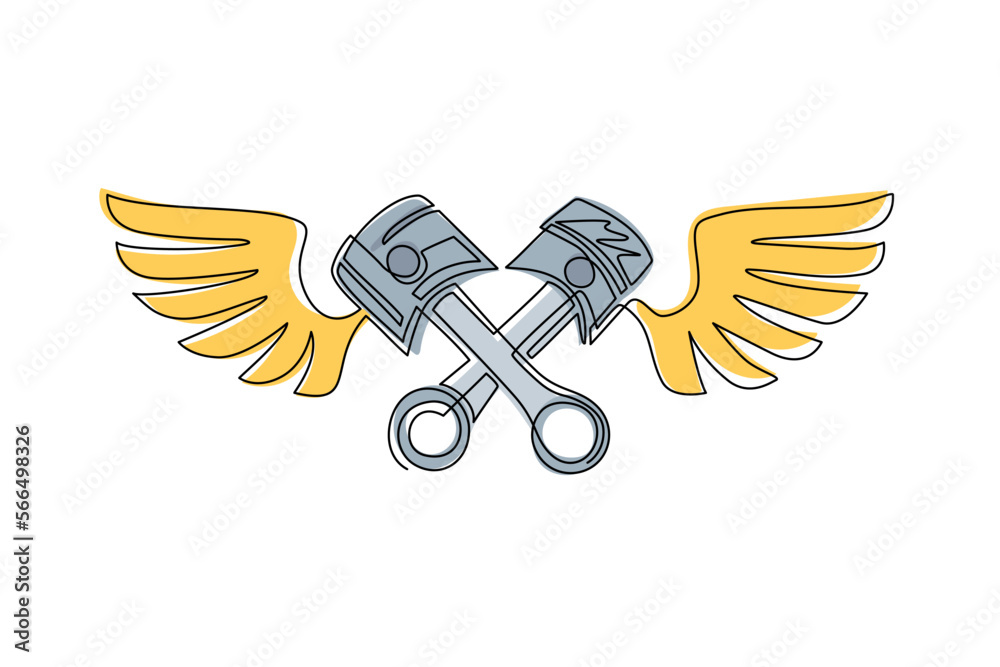 Wall mural Single continuous line drawing two crossed piston with wings icon. Advertises repair services. Automotive and motorcycle workshop symbol logo. Dynamic one line draw graphic design vector illustration