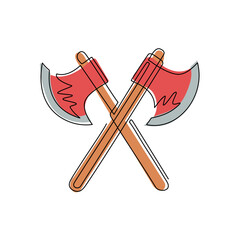 Single one line drawing lumberjack axes crossed icon. Crossed axes isolated on white background. Design element for logo, label, emblem, sign, poster. Modern continuous line draw vector illustration