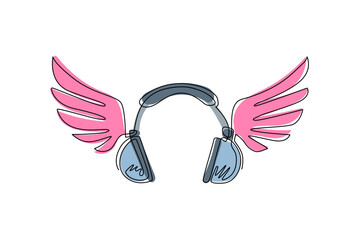 Single one line drawing headphones with wings symbol. Pictograph of headphone wings music for template flat logo, icon, and identity. Modern continuous line draw design graphic vector illustration