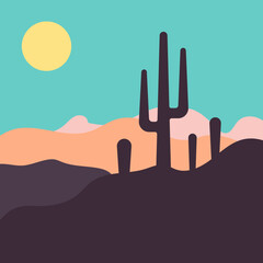 Flat abstract icon, sticker, button with desert, sun, cactuses.