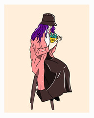 Obraz premium girl with a plant pot and purple hair color. suspicious pose.