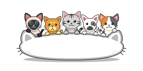 Vector cartoon group of cats with big cat head shape sign for design.