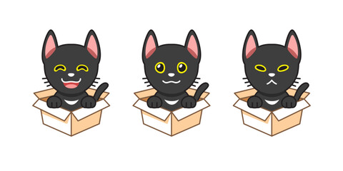 Vector cartoon illustration set of black cat showing different emotions in cardboard boxes for design.