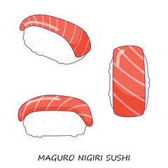 Tuna sushi nigiri on white background. Maguro nigiri. Different view. Traditional Japanese food. Vector clipart.