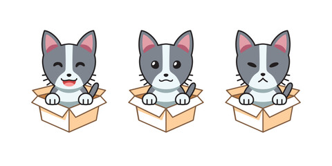 Vector cartoon illustration set of cat showing different emotions in cardboard boxes for design.