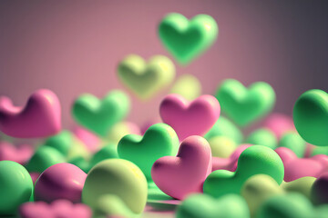 pink and green hearts with glowing bokeh background, Valentine's Day background, Generative AI