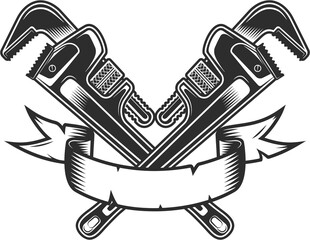 Vintage body shop mechanic spanner repair tool or construction wrench for gas and builder plumbing pipe with ribbon in monochrome style isolated illustration