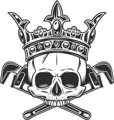 Vintage half skull in royal crown with body shop mechanic spanner repair tool or construction wrench for gas and builder plumbing pipe in monochrome style illustration