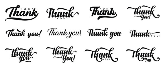 Thank you typography. Thank you text or lettering. Script and handwritten typography.  thank logo collection. Thank you black ink brush calligraphy isolated on white background. Vector - obrazy, fototapety, plakaty