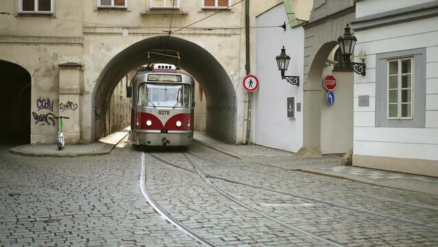Prague tram trolley streetcar. Downtown historic rail Czech Republic. Tourist attraction landmark, travel destination in Europe.
