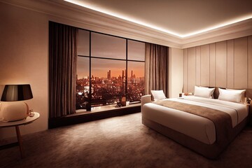 Fototapeta premium Luxury modern style bedroom, Interior of a hotel bedroom. Generative AI illustration