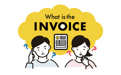 おしゃれでシンプルなインボイス制度の適格請求書と困る・悩むフリーランスの男女の人物イラストの吹き出しフレームイラスト_黄色_ベクター素材