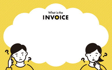 困る・悩むフリーランスの男女の人物イラストとシンプルな雲形のコピースペースのあるインボイス制度の吹き出しフレーム_黄色_ベクター素材