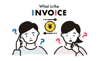 おしゃれでシンプルなインボイス制度の適格請求書と悩む・困るフリーランスの男女の人物イラストの吹き出しフレームイラスト_白背景_ベクター素材