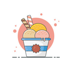 Vector illustration of ice cream combo designed in flat style. ice cream cup three variants of strawberry, chocolate and orange flavors with a sprinkling of misis. Printable for drink menu books