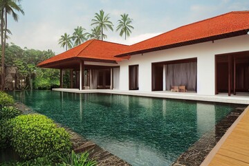 Fototapeta premium Luxury with tropical Jungle villa resort luxurious swimming pool. Generative AI illustration