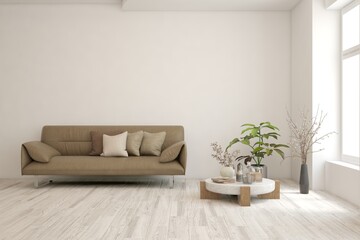 White living room with sofa. Scandinavian interior design. 3D illustration