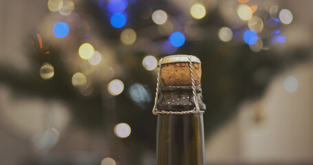 Neck of closed cork stopper bottle of sparkling wine stands against the backdrop Christmas tree, on...