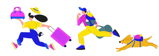 Lifestyle - travel, man and woman run with luggage. - modern flat style vector illustration. man and woman are traveling with a dog. The concept of people activities, recreation, travel.