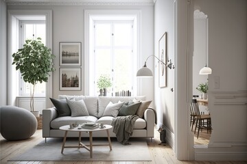 Living Room Interior Design Classic Contemporary Series: Crisp white walls with light oak flooring, understated furnishings, and simple elegant décor. Generative AI
