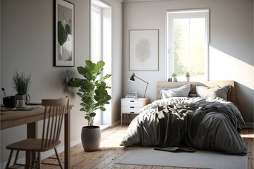 Bed Room Interior Design Classic Contemporary Series: Crisp white walls with light oak flooring, understated furnishings, and simple elegant décor. Generative AI
