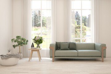 White living room with sofa and summer landscape in window. Scandinavian interior design. 3D illustration