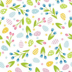 Cute seamless pattern with easter and floral elements. Seamless pattern with eggs and simple flowers