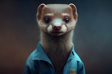 Portait fo a Weasel in a mechanic's blue boilersuit, ready for work, generative ai