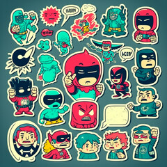icons - angry aggressive frustrated masked cartoon character superhero vector stickers 