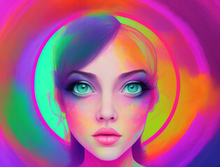 Illustration portrait of a girl on a bright abstract background. Generative AI.