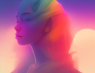 Generative AI illustration of a surreal bright portrait of a girl with closed eyes.