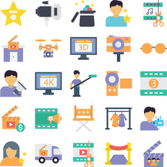 Video Production icons set, film industry icons, cinema icons set, Video Production icons pack, Video icons, Video Production of icons, video making icons set, video production flat icons set