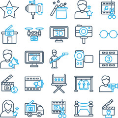 Video Production icons set, film industry icons, cinema icons set, Video Production icons pack, Video icons, Video Production of icons, video making icons set, video production line dual icons set