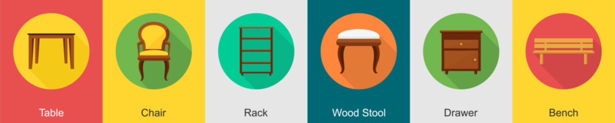 A set of 6 furniture icons as table, chair, rack