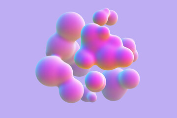 3D abstract liquid bubbles on purple background. Concept of future science: floating morphing spheres, molecular elements or nanoparticles. Fluid pink shapes in motion EPS 10, vector illustration.
