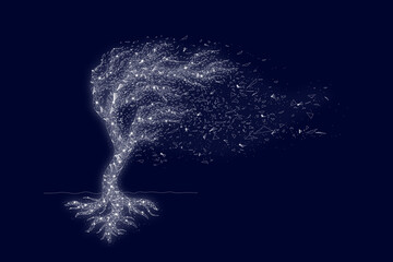 Lines and dots form a tree on dark background. Digital trees swaying in the wind. The concept of big data and changing technology.