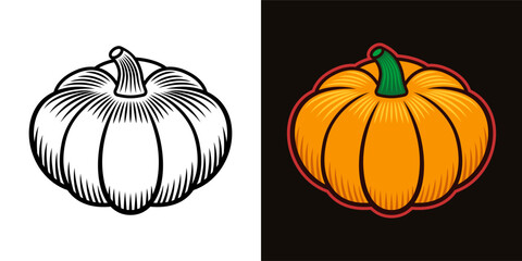 Pumpkin vector illustration in two styles black on white and colorful on dark background