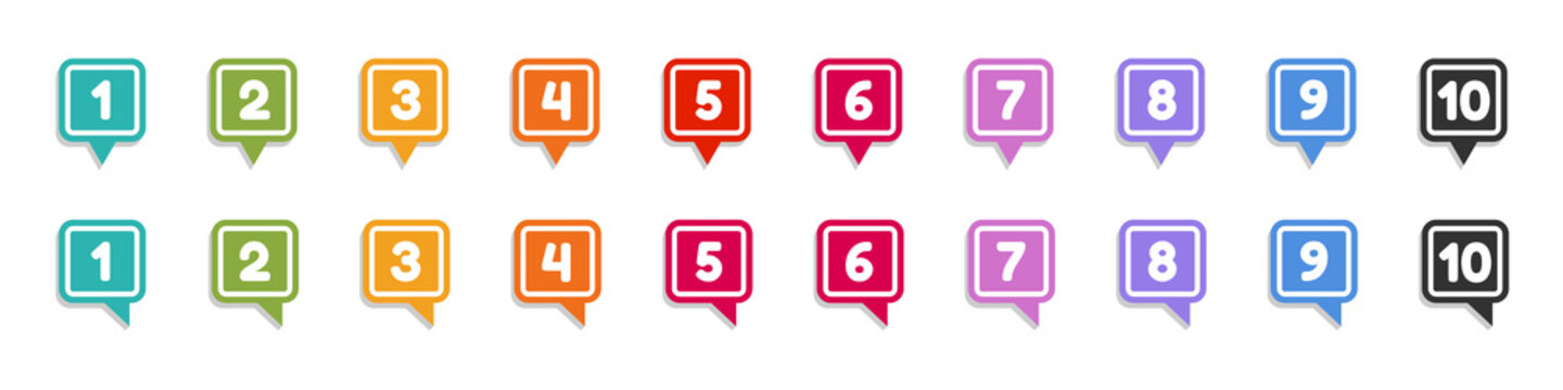 Different Isolated Illustrations Of Button Map Pointer With Number Bullet Points From 1 To 10