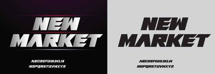 Obraz premium New Market, Game Sport Movie Alphabet Font. Typography modern regular style font for technology, digital, logo design. vector illustration